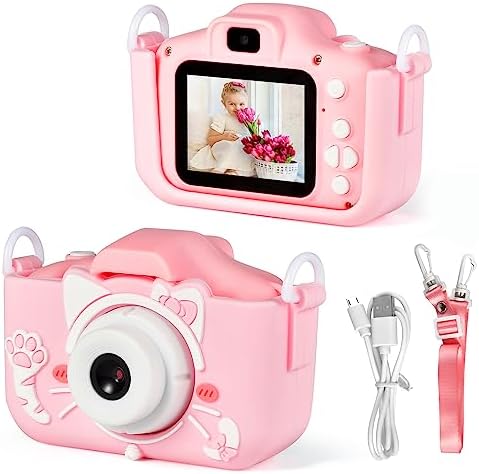 Kids Camera Toys for 3-12 Year Old Boys/Girls,Selfie 1080P HD Kids Digital Camera with Player&Game,Best Christmas Birthday Presents for Kids,32GB SD Card（Pink Cat）