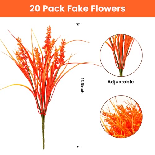 20 Bundles Artificial Plants Outdoor, UV Resistant Fake Flowers, Realistic Faux Lavender Shrubs for Porch Garden Window Box Home Decoration (Fall Orange-red)