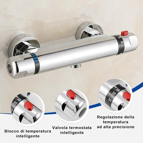 Mfusul Miscelatore Doccia, Miscelatore Termostatico Doccia Con Blocco Di Sicurezza A 38°, Moderno Rubinetto Termostatico Per Bagno Vasca, Ottone Cromato - 5