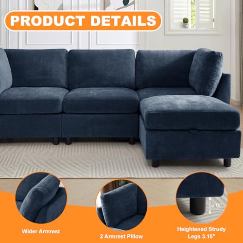 Image of TEKAMON 94 inch L Shaped Modern Sofa Modular Sectional Couch with Ottoman, 4-Seat Chenille Deep Seat Sofa for Living Room, Bedroom and Apartment, Blue