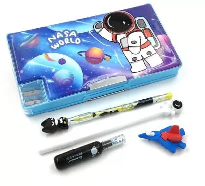 Prosperity Partner Space Pencil Box Combo (Pack of 5 Items) 1 Space Printed Pencil Box, 1 Ice Cream Shape Eraser, 1 Cartoon Pen, 1 Lead Pencil with Extra Lead and 1 Folding Scale for Kids