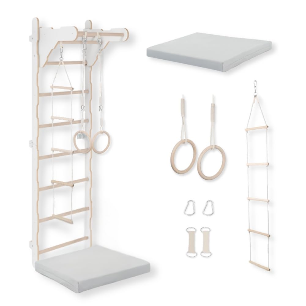 Barra de gimnasia para niños (210 cm), escalera de madera montada en la pared, anillos de gimnasia, esterilla protectora, cuerda de escalada, 100% ecológico, fabricado