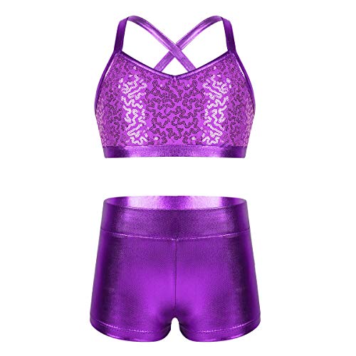 Girls 2-Piece Dance Outfit Sequins Crop Tops and Shorts for Ballet Sports Workout Gymnastics Training