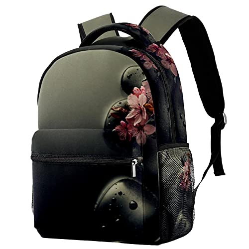 Sac à dos voyage imprimé pierres noires et fleurs roses avec filet gourde