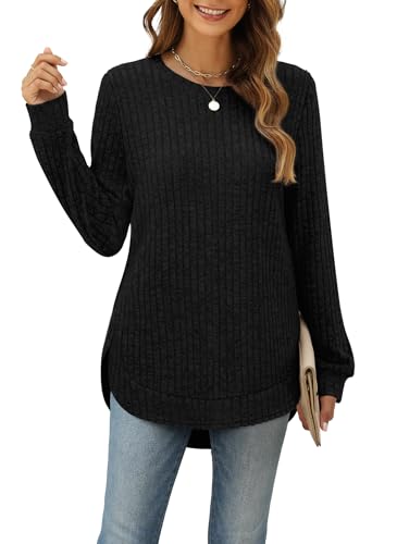 Image of Aokosor Ladies Jumpers for Women UK Long Sleeve Tops Side Split Women Jumpers Curved Hem Ladies Tunic Tops Womens Jumper 14-16 Black