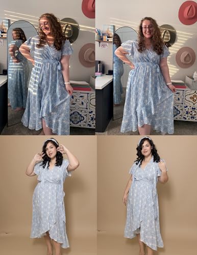 Image of IN'VOLAND Plus Size Womens Floral Summer Dress Casual Wrap V Neck Short Sleeve Belted Beach Bohemian Maxi Dress