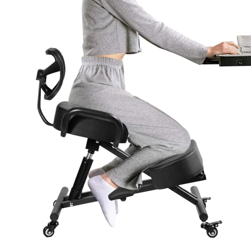 Silla ergonómica de rodillas con respaldo y reposapiés, Altura Ajustable, Cojines Gruesos, Ruedas con Bloqueo para Oficina en casa, Taburete Corrector de Postura para aliviar el Dolor de Espalda.