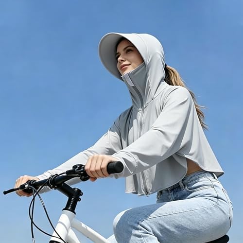 Image of Womens Sunscreen Hoodie Jacket /Shirt UPF 50+ UV Protection from Sun & Pollution with Wide Brim Hat Face Mask Lightweight Full Zip for Outdoor Running Hiking