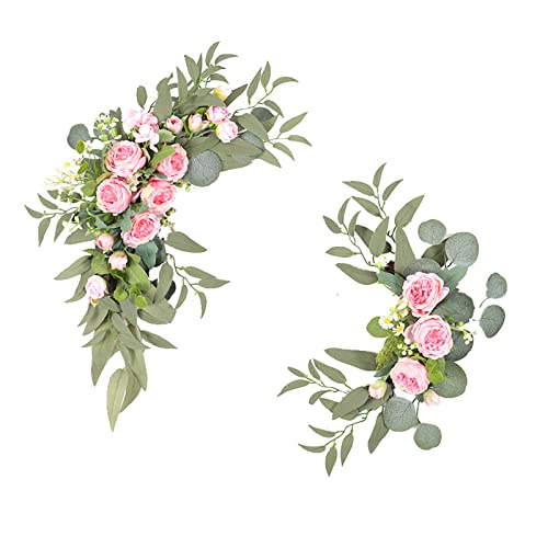Set of 2 Artificial Wedding Arch Flowers for Ceremony Fake Silk Peony Flower Swags with Green Leaves Wedding Arch Floral Swags for Floral Arrangement Reception Backdrop Decoration(Pink)
