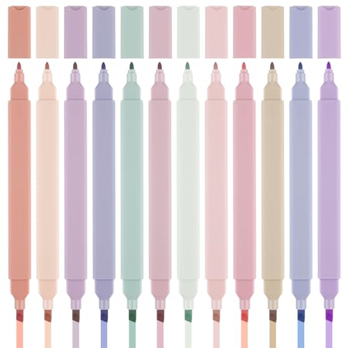 Svalor Dual Tips Textmarker 12 Stück, Highlighter Pen Doppelkopf 2-in-1, Ästhetische Textmarker Pastell Set Stifte Aesthetic, Keine Blutung, Trocknet Schnell - für Schulen Studenten Bürobedarf