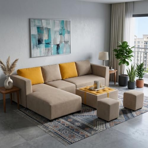 Image of FURNY Olympus 8 Seater LHS L Shape Sofa Set | Plush Velvet Suede Fabric | Modern Design | Soft Comfort Dual Color Cushions for Living Room, Office & Hotels (Beige-Yellow)