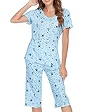 FINEJO Women's Pajama Pants Sets Short Sleeve Design Print Top PJs Sleepwear Loungewear with Pockets