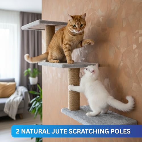 Image of Wall-Mounted Cat Climber, Multi-Level Cat Tree with Jute Scratching Posts, Grey Plush Platforms, Space-Saving Corner Design (30X35X14 INCH) FURR-158 (Grey)
