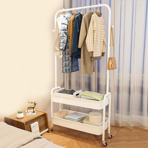 Clothes Rack Metal Clothes Rail Coat rack for bedroom Heavy Duty Clothing Rack Garment Rack 2-Tier Storage Shelves with small wheels Organiser Clothes 68cm Width - Space-Saving Organizer (White)