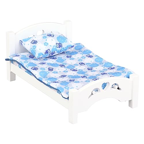 Dollhouse Furniture Mini Kid’s Bed Set, Realistic Bedroom Accessories for 6 inch Dolls, Blue Bedding, White Wood, 1/12 Scale