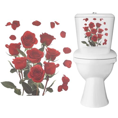 GORGECRAFT 4Pcs Red Rose Toilet Cover Sticker Decals Plants Toilet Stickers Flower Green Leaves Self-Adhesive Waterproof PVC Bathroom Bouquet Sticker for Valentine's Day Wall Toilet Lid Tank Seat