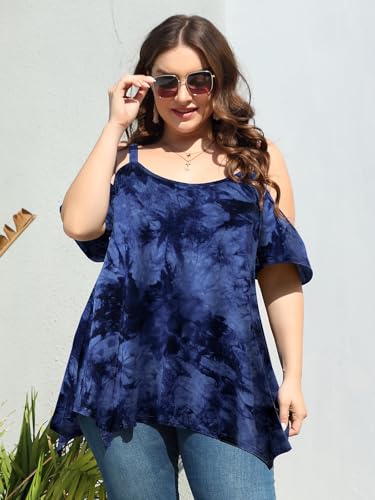Image of LARACE Cold Shoulder Tops for Womens Summer Clothes Spaghetti Strape Tunic Oversized Shirts Asymmetrical Plus Size Blouse