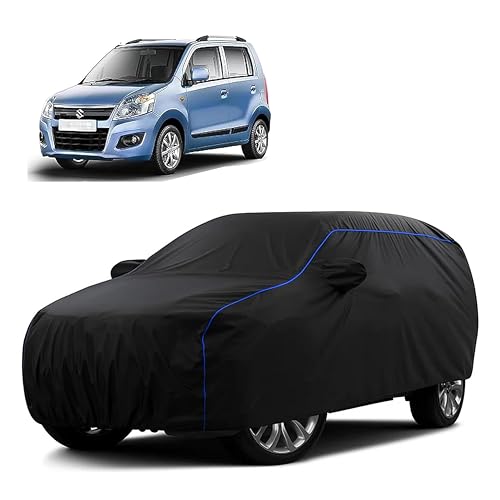 Image of Sulfar 100% Water Resistant Car Body Cover Compatible with Mirror for Maruti Suzuki New Wagonr (2010 (Triple Stitched, Full Bottom Elastic, Black Tafetta with Blue Piping)