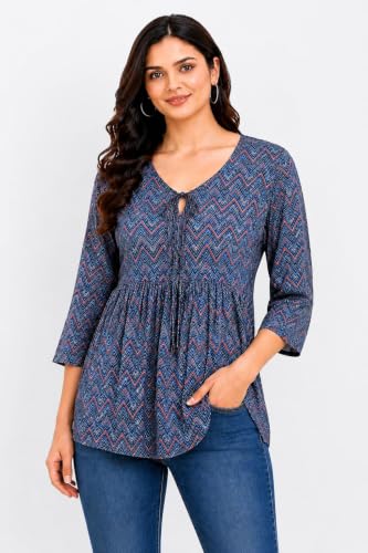 Image of ATTEM Women's Pure Cotton Printed Top | Casual Western Tunic for Women | 3 /4 Sleeve V-Neck Tie-Up Regular Fit Top | Office Wear