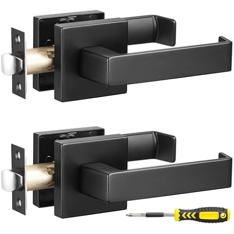 Lanwandeng 2 Sets Square Door Lever Door Lock Keyless, Passage Handle Locks, Interior Hallway Passage Closet Lock Matte Black Finish 2.1 lb One Lever Cover