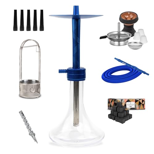 Mr. Eds E29 Azul Shisha 44 cm | Cachimba de Aluminio, Cazoleta de Piedra con Gestor de Calor, 50 Boquillas, Porta Carbón Plata y 1 kg Carbón Cocobration