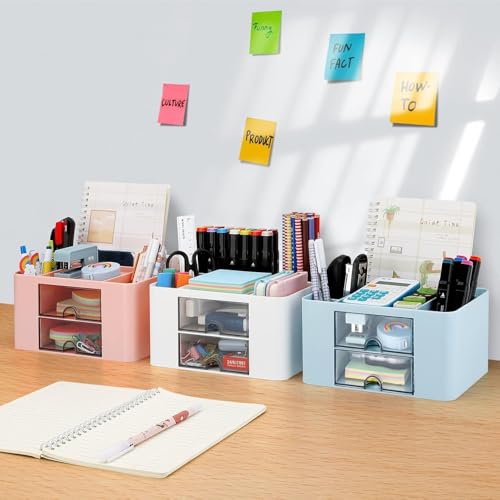 Image of ROKTRY Aesthetic Desk Organizer for Study Table & Office - Multi-Functional Pastel Pink Stationery Storage Box with 2 Drawers, Pen Holder & Compartments for School Supplies, Cosmetics & Accessories