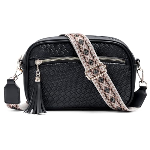 VASCHY Crossbody Purse Bags for Women, Trendy Vegan Leather Woven Small Crossover Shoulder Bag with Detachable Guitar Strap