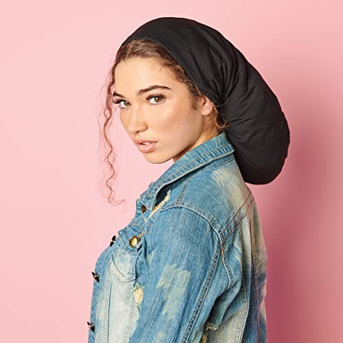 ADAMA Satin Lined Jersey Beanie - Extra Long for Extra Voluminous Hair, Ultra Soft, Fashionable Hipster Chic, Satin Lining Prevents Breakage and Tangling, Day and Night Hair Defense, Black, X-Large2