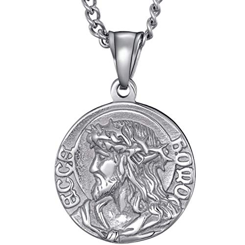 Moo&Lee Mens Stainless Steel Crown Of Thorns Head Of Jesus Christ Pendant Necklace Round Medal Prayer Coin Pendant With Link Chain #TOP12
