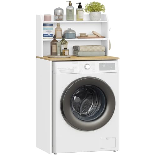 Hzuaneri Meuble Machine à Laver, Armoire Machine a Laver et Sèche-Linge, Meuble Lave Linge avec Compartiments Ouverts, Étagère de Toilettes sur Pied, 50 x 68 x 128 cm, Blanc-Bois Naturel LR00103X