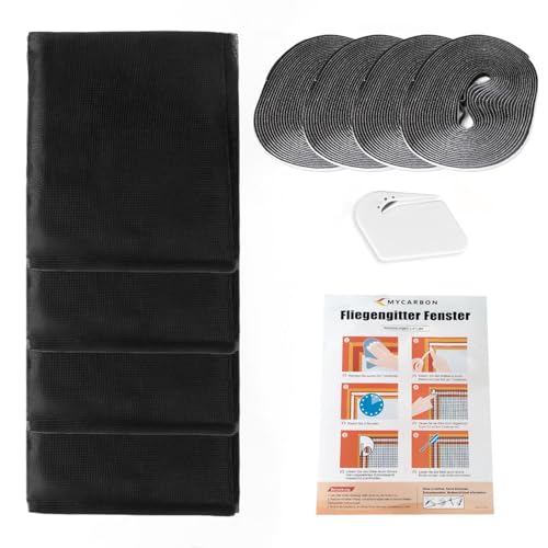 MYCARBON 4 Stück Fliegengitter Fenster 150x180cm, zuschneidbar, ohne Bohren, Insektenschutz für Fenster, Schwarz
