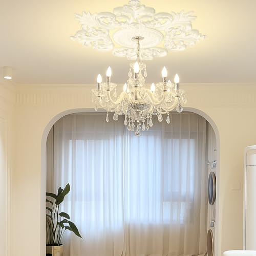 Image of Nuanchu 35.4'' Large PU Ceiling Medallion Combination Decorative 2.36'' ID French Style Chandelier Base Ceiling Medallion for Light Fixtures Victorian Rosette Light Covers for Chandeliers(Elegant)