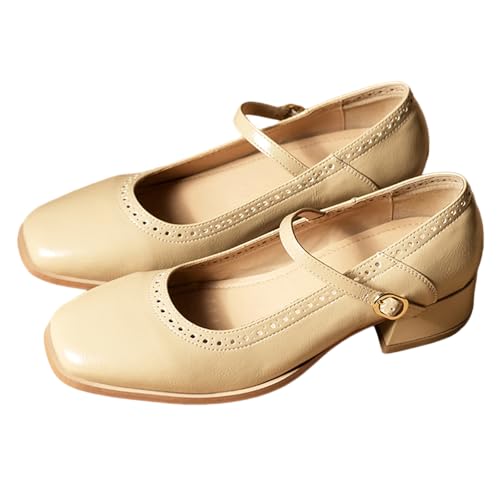 Image of Theater Miss Newton Mary Jane Block Heels with Vintage Textured Detailing for Women | Adjustable Cross-Strap Buckle and Comfort Sole for Office, Formal