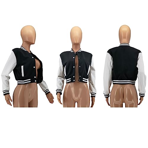 Image of Mintsnow Womens Varsity Jacket Long Sleeve Button Down Bomber Jackets Casual Baseball Uniform Streetwear