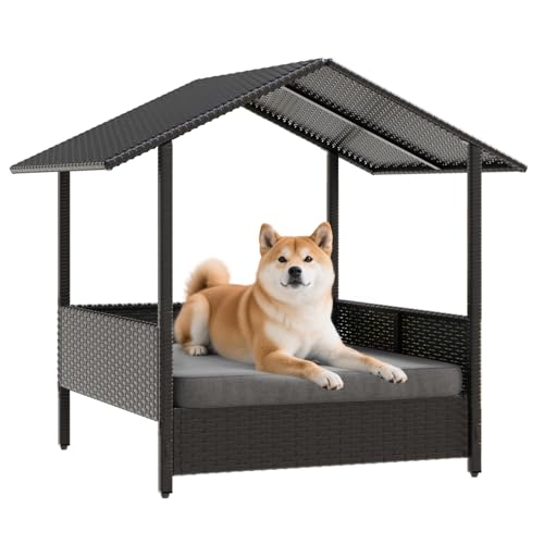 Waleaf Wicker Dog House Outdoor Indoor with Canopy and Removable...