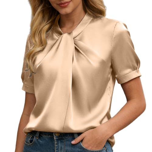 Women Dressy Tops Short Sleeve Elegant Business Blouses Mock Neck Work Shirts Fashion Casual Summer Outfits 2026 Khaki