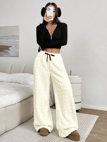 Image of ZAFUL Women's Fuzzy Plush Pajama Pants Wide Leg Pj Bottoms Lounge Pants