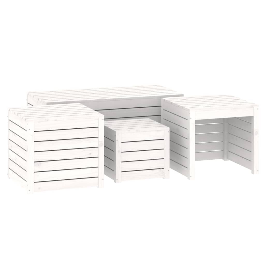 Juego de 4 cajas de jardín de madera de pino maciza, color blanco con tapa, mueble de terraza resistente para almacenamiento al aire libre, asiento o mesa, capacidad 110 kg