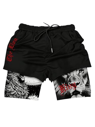 GORGLITTER Men's 2 in 1 Anime Graphic Gym Shorts Quick Dry Drawstring Mesh Athletic Running Shorts with Liner Black Tiger Large