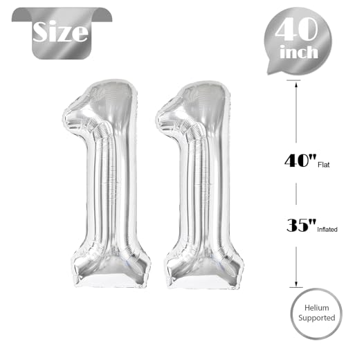Image of Silver Number 11 Balloon 40 inch, 11 Number Balloons, 11th Silver Birthday Decorations, 11 Year Old Silver Party Supplies