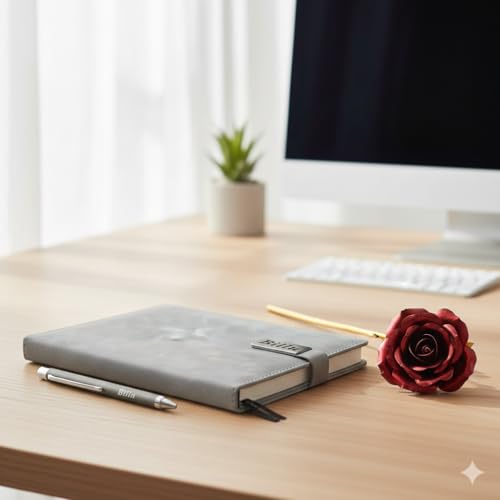Image of Personalized Diary & Pen Gift Set with Name Engraving | Leather Diary Combo with Decorative Rose | Customizable Gift for Birthday, Anniversary, Valetine & Special Occasions (Grey)