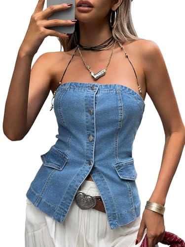 Cicy Bell Womens Strapless Denim Vest Summer Button Down Jean Tube Tops Y2k Going Out Fitted Bandeau Shirts Waistcoat2