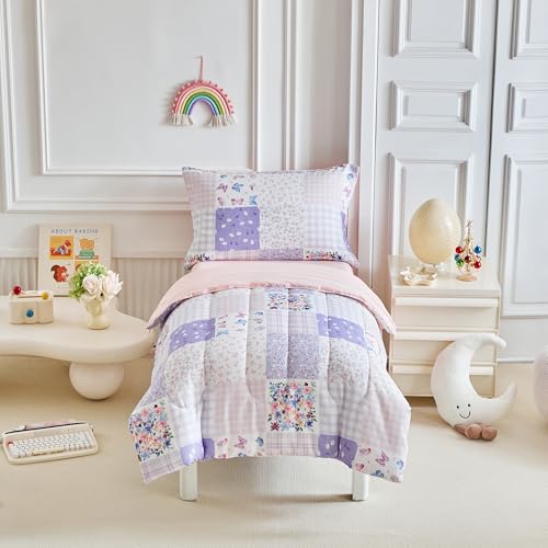 Image of Joyreap 4 Piece Toddler Bedding Set- Pink n Purple Floral Butterflies Patchwork Design, Microfiber Toddler Bedding Comforter Set for Girls