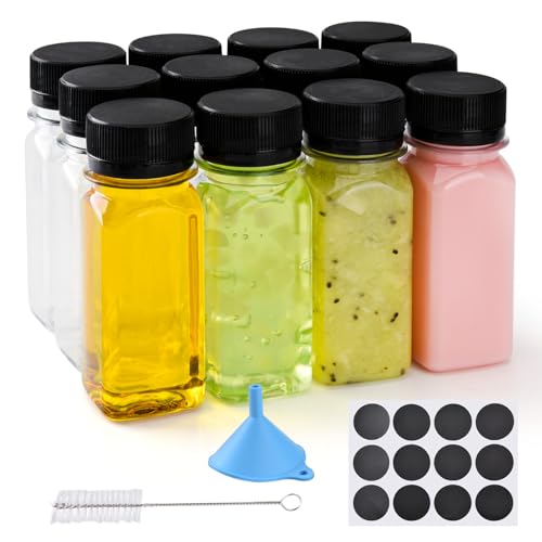 Lot de 12 petites bouteilles de jus réutilisables, anti-fuite, mini bocaux en plastique pour smoothie, eau, lait et autres boissons
