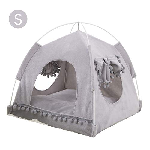 JuneJour Tienda para Mascotas con Cama,Casa de Lona para Perros y Gatos, Casa para Mascotas con Cojín, Ideal para Bajo Techo, en exteriors,Casetas para Perros de Color Gris,S(36 * 36 * 37cm)