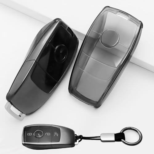 XMSCN Coque de clé de voiture 3 boutons TPU avec cordon porte-clés Compatible avec Mercedes Benz Classe A B C E G S SL CLS SLC CLA GLB GLC GLE GLS AMG...