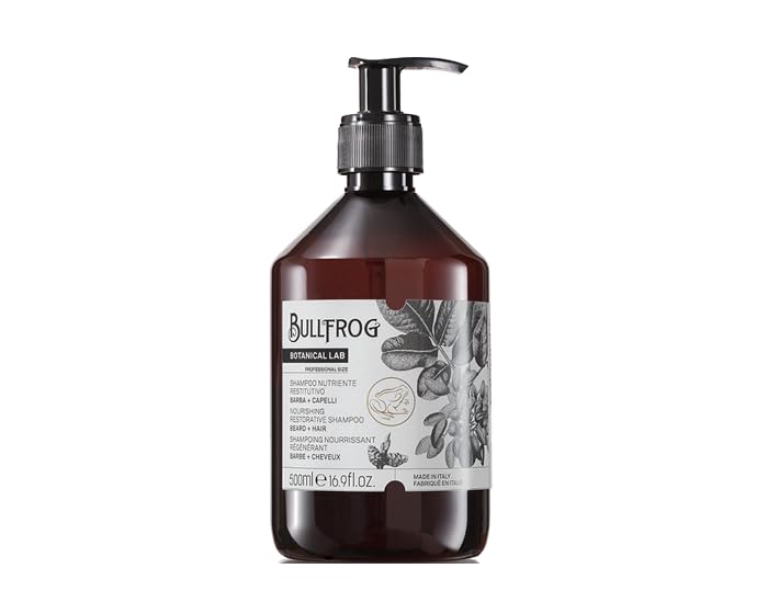 Bullfrog Restorative Nourishing Shampoo for Hair and Beard - Soothing and Revitalizing Properties - Sweet and Greedy Notes - Made in Italy - 500 ml