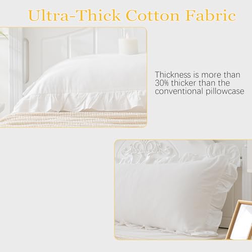 Shabby Off White Ruffle Pillow Shams Standard Size Set of 2, Washed Cotton Farmhouse Pillowcases Pillow Cover 26"x20" White