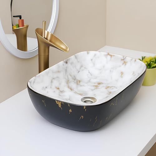Image of OSOSAM Premium Designer Table Top Ceramic Wash Basin /Vessel Sink with Slim Rim for Bathroom (18 x 13 x 5.5 Inch) (OS-Double Color-157)