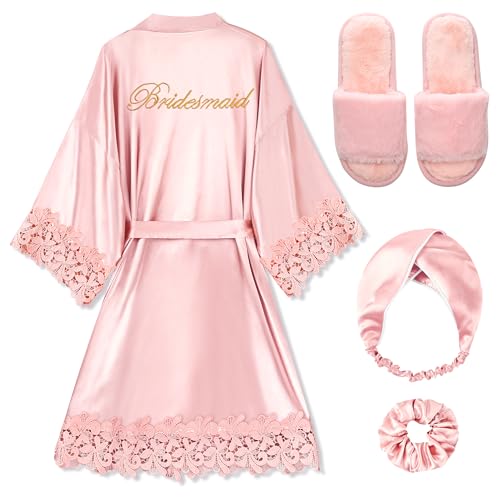 Image of EPLAZA 4 Pcs Bride Robe for Wedding Day Set Bridal Robe with Slippers Lace Trim Wedding Robe for Bridal Bachelorette Party